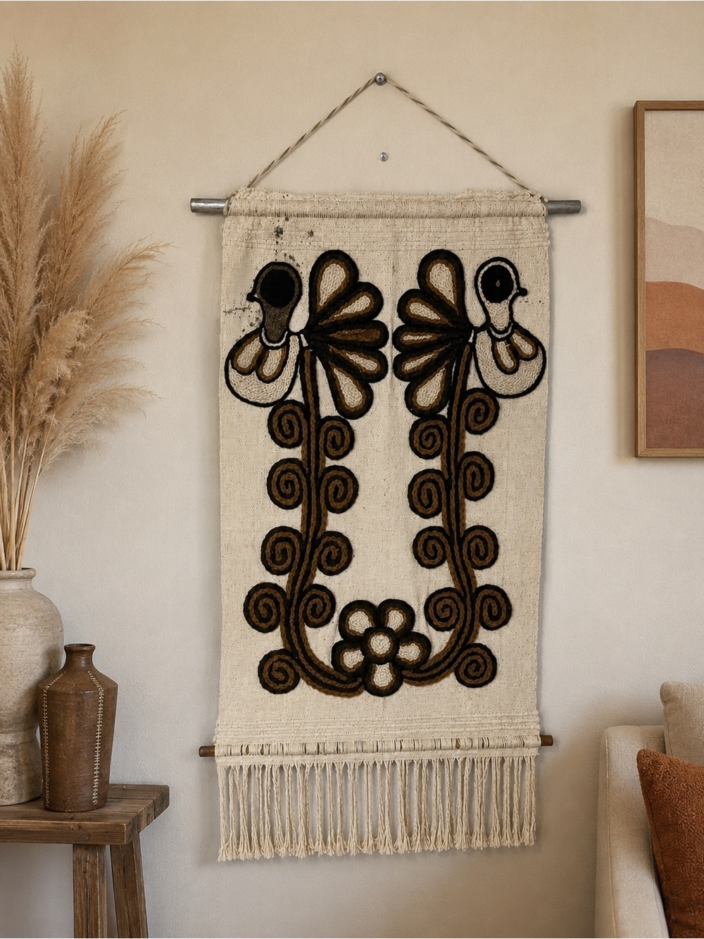 Handcrafted Cream and Brown Floral Bird Tapestry Wall Hanging